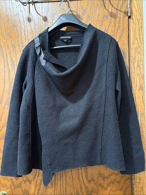 Eileen Fisher Black Asymmetrical Women's 100% Wool Poncho Buckle Detail Medium